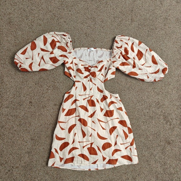 ASTR THE LABEL Cut Out Linen Blend Mini Dress‎ Abstract Print Puff Sleeve L - Picture 2 of 12